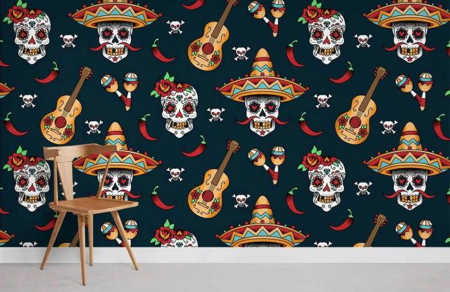 Skull | Vibrant Mexican Skulls Music Mural Non-Woven Wallpaper 1Roll dark green General Dark Green