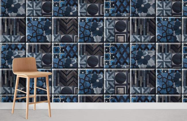 Tile & Mosaic | Modern Geometric Blue Floral Mural Non-Woven Wallpaper 1Roll Navy and Blue General Navy & Blue