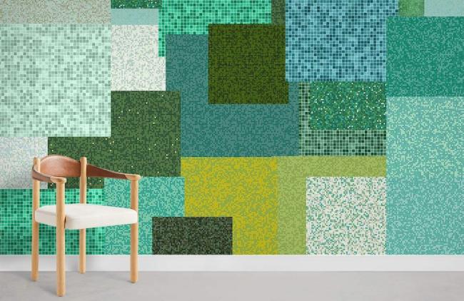 Tile & Mosaic | Modern Geometric Mosaic Mural Non-Woven Wallpaper 1Roll Teal, Green, Yellow General Teal, Green, Yellow