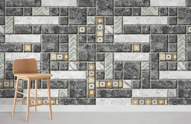 Tile & Mosaic | Modern Geometric Stone Effect Mural Non-Woven Wallpaper 1Roll Grey General Grey