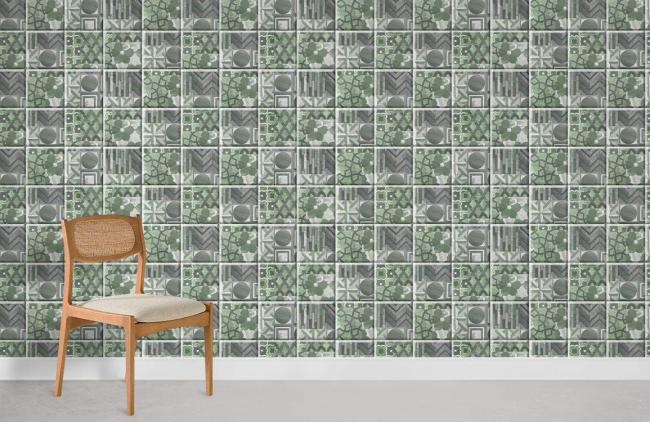 Tile & Mosaic | Vintage Green Geometric Tile Mural Non-Woven Wallpaper 1Roll Green General Green