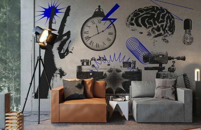 Vintage | Abstract Monochrome Blue Accent Mural Non-Woven Wallpaper 1ft2 Black and White with Blue General Black & White with Blue