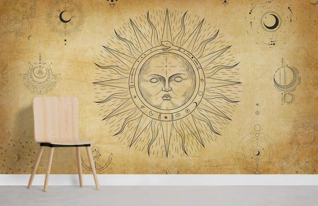 Vintage | Boho Celestial Sun Antique Mural Non-Woven Wallpaper 1ft2 Beige General Beige