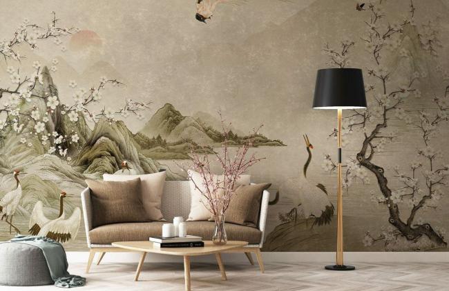 Vintage | Elegant Asian Landscape Crane Mural Non-Woven Wallpaper 1ft2 Beige General Beige