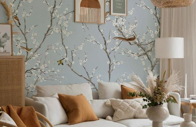 Vintage | Elegant Bird Blossom Branch Mural Non-Woven Wallpaper 1ft2 Grey General Grey