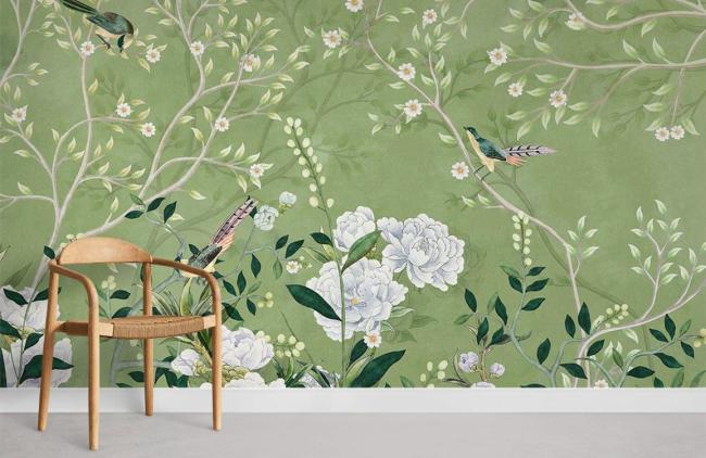 Vintage | Elegant Botanical Birds Green Mural Non-Woven Wallpaper 1ft2 Green General Green