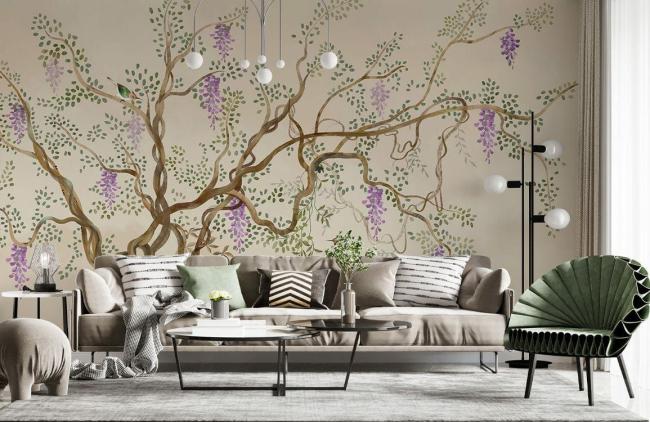 Vintage | Elegant Botanical Wisteria Non-Woven Wall Mural 1ft2 Beige General Beige