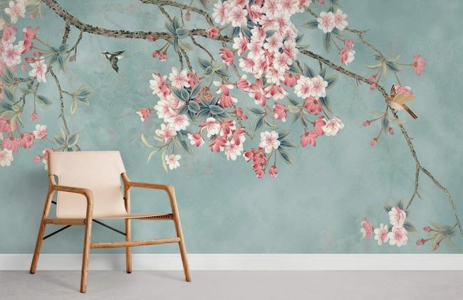 Vintage | Elegant Cherry Blossom Branches Mural Non-Woven Wallpaper 1ft2 Teal General Teal