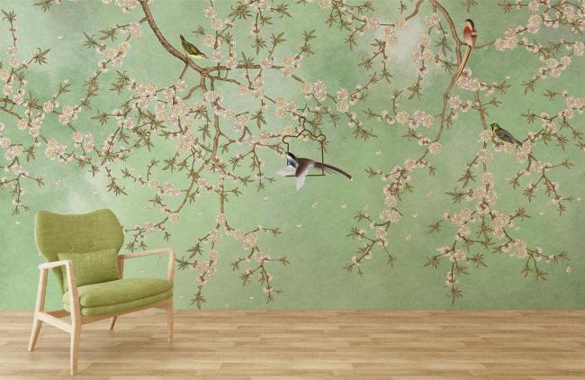 Vintage | Elegant Chinoiserie Bird Floral Mural Non-Woven Wallpaper 1ft2 Emerald Green General Emerald Green