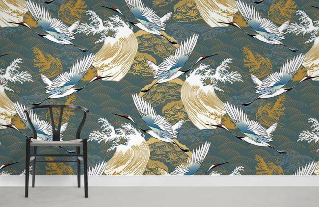 Vintage | Elegant Cranes Botanical Gold Mural Non-Woven Wallpaper 1Roll Gold and Grey General Gold & Grey