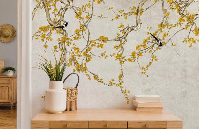 Vintage | Elegant Golden Floral Branch Mural Non-Woven Wallpaper 1ft2 Beige General Beige