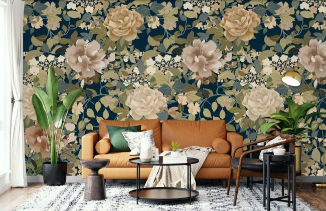 Vintage | Elegant Navy Floral Designer Mural Non-Woven Wallpaper 1Roll Navy and Beige General Navy & Beige