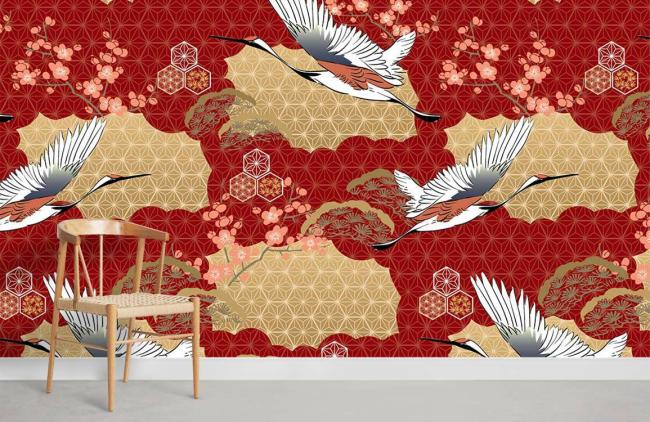 Vintage | Elegant Red Japanese Crane Mural Non-Woven Wallpaper 1Roll Red and Beige General Red & Beige