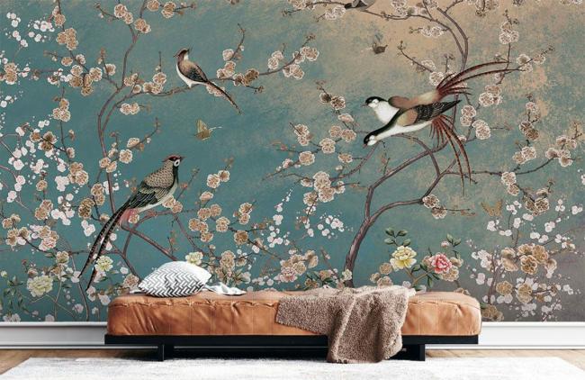 Vintage | Elegant Teal Floral Bird Mural Non-Woven Wallpaper 1ft2 Teal General Teal