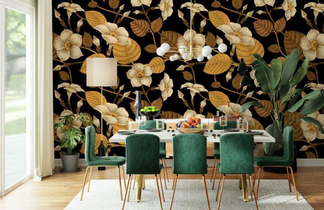 Vintage | Gold Floral Black Luxury Mural Non-Woven Wallpaper 1Roll Black and Gold General Black & Gold