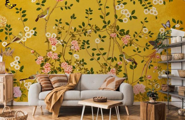 Vintage | Golden Botanical Bird Garden Mural Non-Woven Wallpaper 1ft2 Gold General Gold