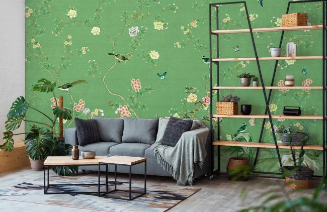 Vintage | Green Floral Birds Chinoiserie Mural Non-Woven Wallpaper 1ft2 Emerald Green General Emerald Green