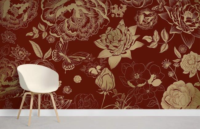 Vintage | Luxurious Red Floral Art Deco Mural Non-Woven Wallpaper 1ft2 Red and Gold General Red & Gold