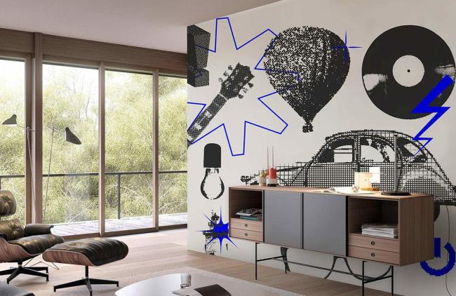 Vintage | Retro Pop Culture Collage Mural Non-Woven Wallpaper 1ft2 Black and Blue General Black & Blue