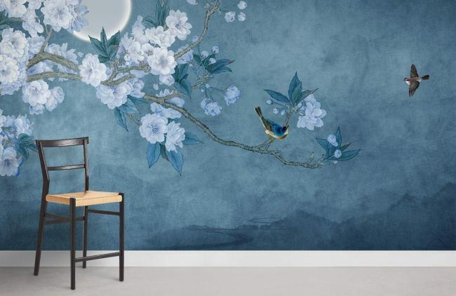 Vintage | Tranquil Blue Floral Bird Mural Non-Woven Wallpaper 1ft2 Blue General Blue