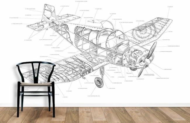 Vintage | Vintage Airplane Blueprint Mural Non-Woven Wallpaper 1ft2 Black and White General Black & White