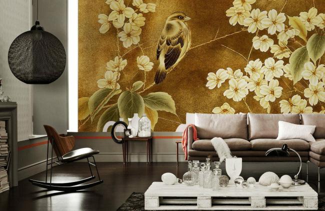 Vintage | Vintage Bird Floral Gold Non-Woven Wallpaper Mural 1ft2 Gold General Gold