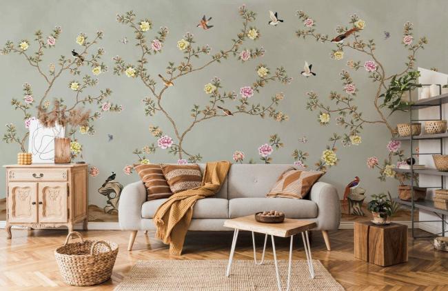 Vintage | Vintage Botanical Garden Bird Non-Woven Wall Mural 1ft2 Beige General Beige