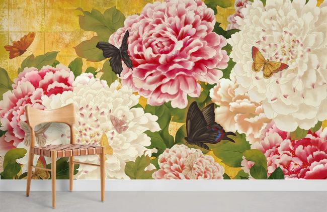 Vintage | Vintage Floral Butterfly Non-Woven Wallpaper Mural 1ft2 Gold and Pink General Gold & Pink