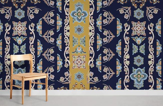 Vintage | Vintage Floral Navy Gold Mural Non-Woven Wallpaper 1Roll Navy and Gold General Navy & Gold