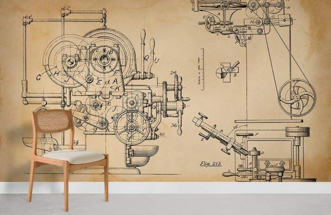 Vintage | Vintage Mechanical Blueprint Mural Non-Woven Wallpaper 1ft2 Beige General Beige