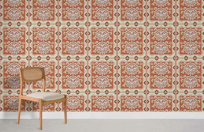 Vintage | Vintage Orange Floral Pattern Mural Non-Woven Wallpaper 1Roll Orange General Orange