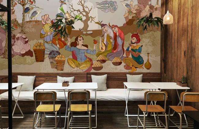 Vintage | Vintage Oriental Harvest Party Non-Woven Wall Mural 1ft2 Beige General Beige