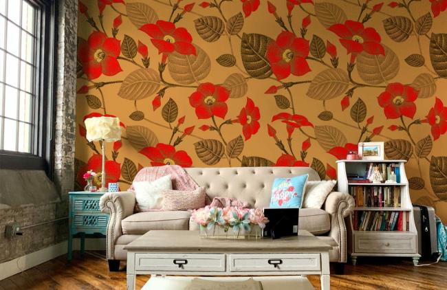 Vintage | Vintage Red Floral Botanical Non-Woven Wallpaper Mural 1Roll Red, Beige General Red, Beige