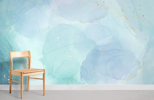 Watercolor | Abstract Aqua Gold Accent Mural Non-Woven Wallpaper 1ft2 Aqua Blue Design & Art Aqua Blue