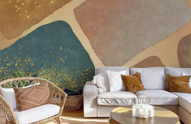 Watercolor | Abstract Gold Splash Geometric Mural Non-Woven Wallpaper 1ft2 Gold, Teal, Beige Design & Art Gold, Teal, Beige