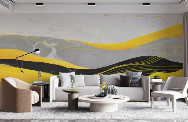 Watercolor | Abstract Grey Yellow Waves Mural Non-Woven Wallpaper 1ft2 Grey and Yellow Design & Art Grey & Yellow