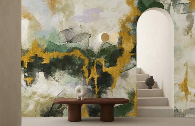 Watercolor | Abstract Watercolor Green Gold Mural Non-Woven Wallpaper 1ft2 Emerald Green and Gold Design & Art Emerald Green & Gold