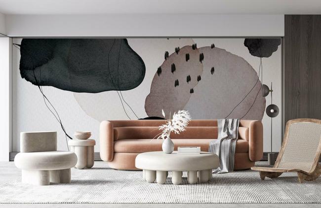 Watercolor | Abstract Watercolor Spheres Art Mural Non-Woven Wallpaper 1ft2 Beige, Black, Grey Design & Art Beige, Black, Grey