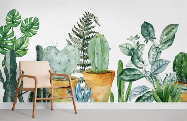 Watercolor | Botanical Cactus Watercolor Non-Woven Wallpaper Mural 1ft2 Green Design & Art Green