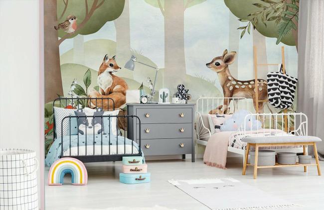 Watercolor | Enchanted Forest Animal Kids Mural Non-Woven Wallpaper 1ft2 Beige Design & Art Beige