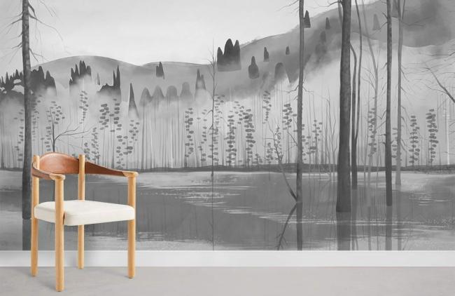 Watercolor | Misty Forest Landscape Monochrome Mural Non-Woven Wallpaper 1ft2 Grey Design & Art Grey