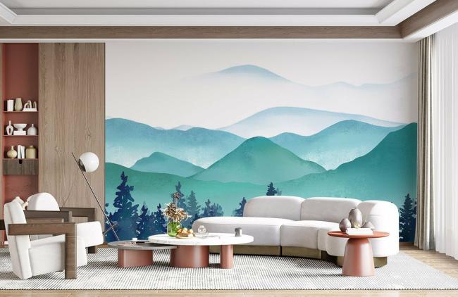 Watercolor | Misty Mountain Landscape Watercolor Mural Non-Woven Wallpaper 1ft2 Teal and Green Design & Art Teal & Green