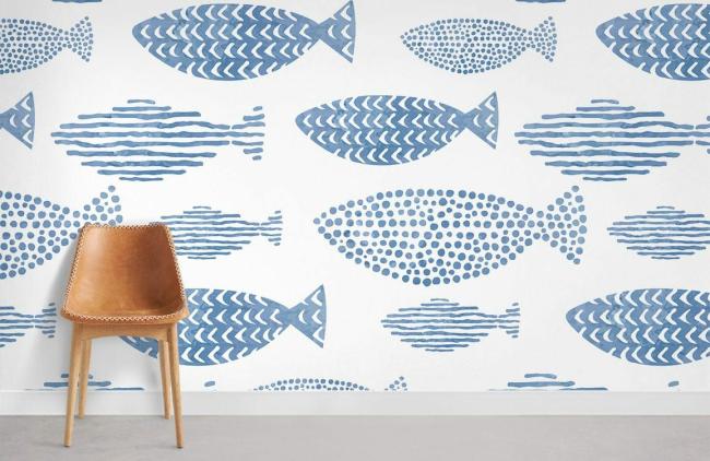 Watercolor | Nautical Blue Fish Pattern Mural Non-Woven Wallpaper 1Roll Blue and White Design & Art Blue & White