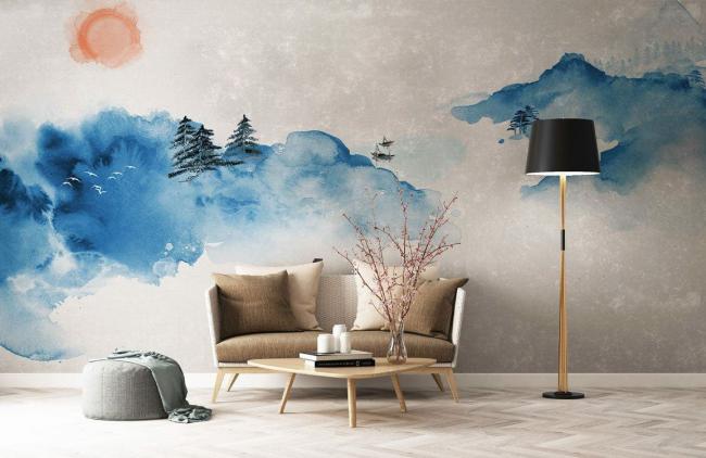 Watercolor | Serene Blue Watercolor Landscape Mural Non-Woven Wallpaper 1ft2 Blue and White Design & Art Blue & White