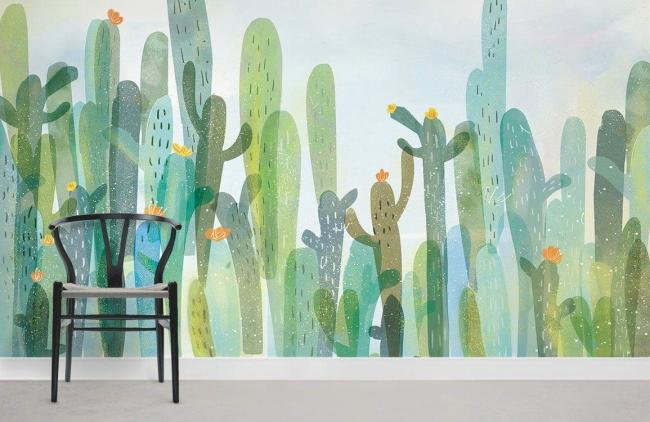 Watercolor | Serene Desert Cactus Watercolor Mural Non-Woven Wallpaper 1ft2 Soft Green Design & Art Soft Green