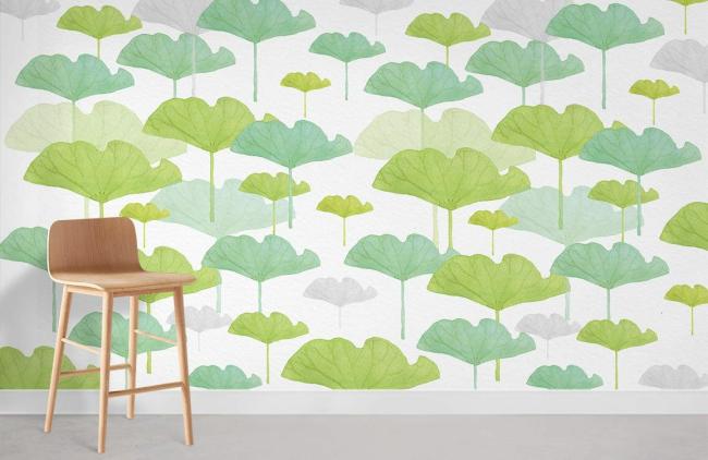 Watercolor | Serene Green Botanical Leaf Mural Non-Woven Wallpaper 1ft2 Green Design & Art Green