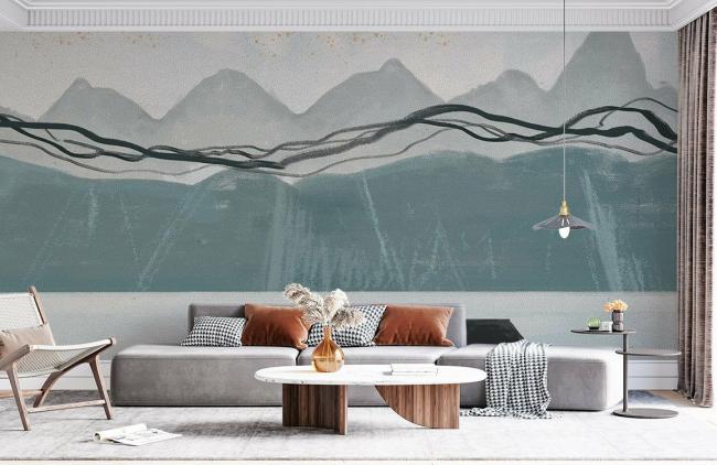 Watercolor | Serene Mountain Landscape Illustrative Mural Non-Woven Wallpaper 1ft2 Grey and Blue Design & Art Grey & Blue