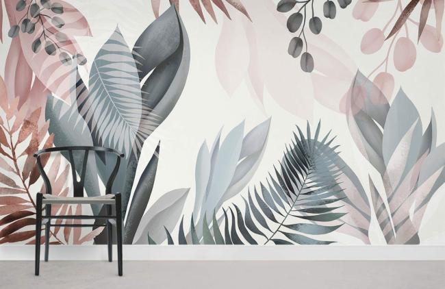 Watercolor | Soft Pastel Botanical Leaf Mural Non-Woven Wallpaper 1ft2 Pastel Pink and Grey Design & Art Pastel Pink & Grey