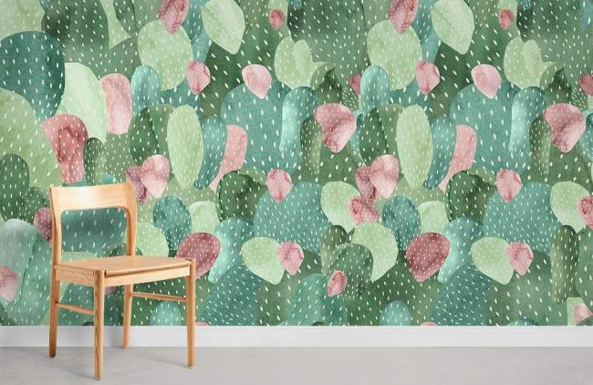 Watercolor | Watercolor Cactus Floral Nursery Mural Non-Woven Wallpaper 1ft2 Green and Pink Design & Art Green & Pink