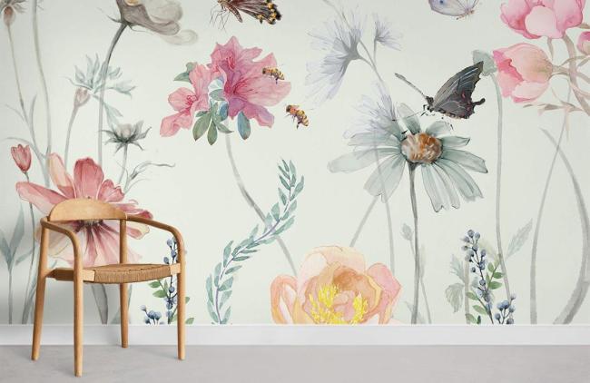 Watercolor | Whimsical Botanical Butterfly Floral Mural Non-Woven Wallpaper 1ft2 Neutral Design & Art Neutral